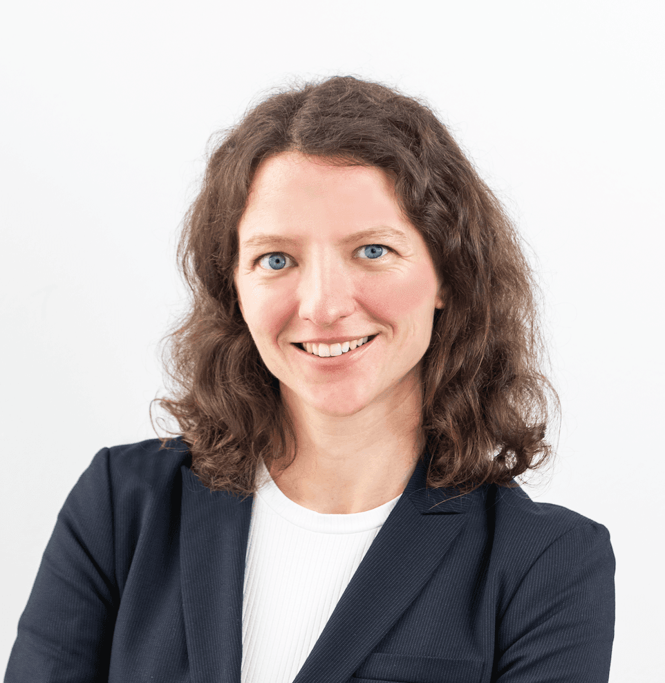 A woman works with a floating UI