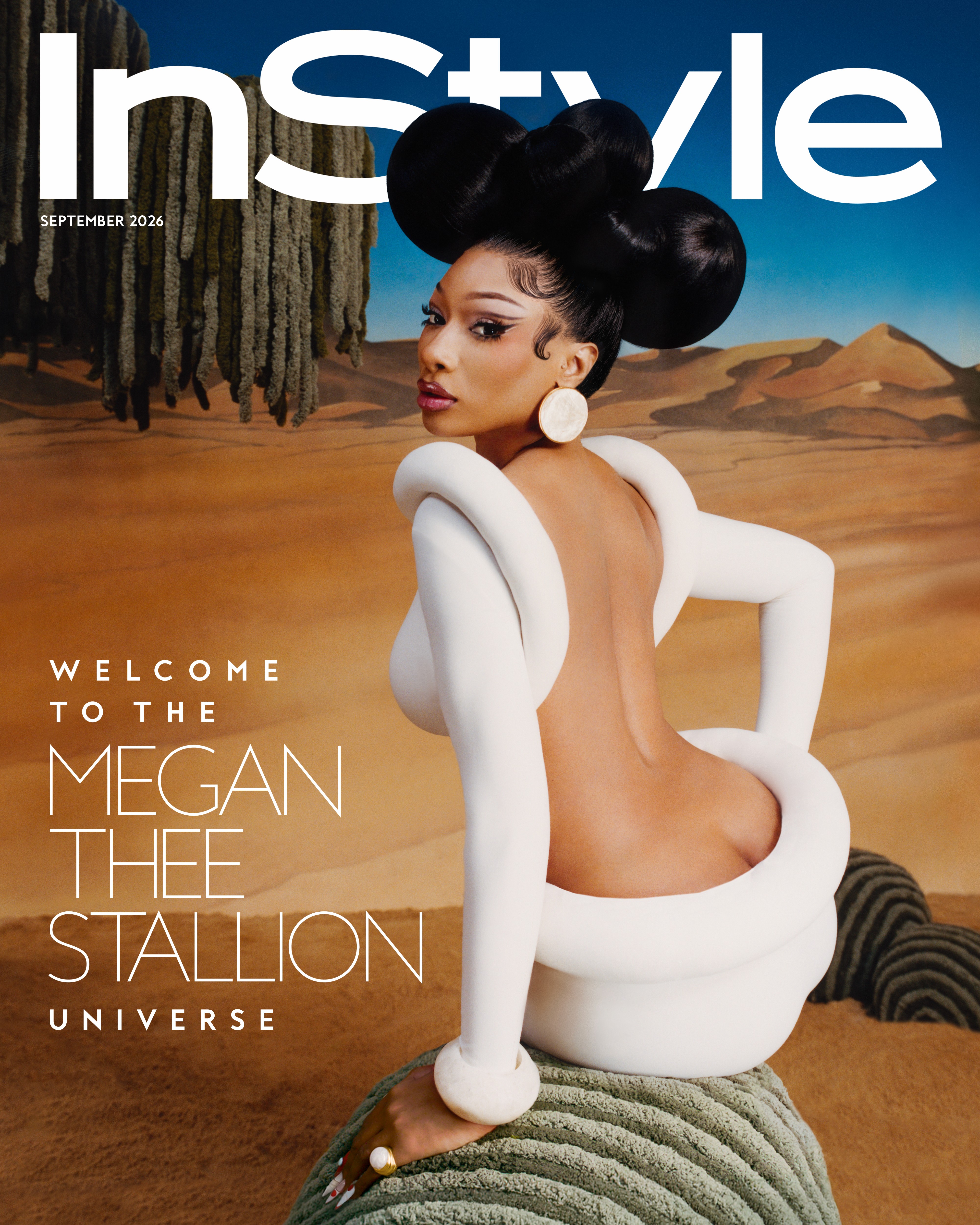 Megan Thee Stallion on InStyle’s September 2026 cover in a white dress on a desert set