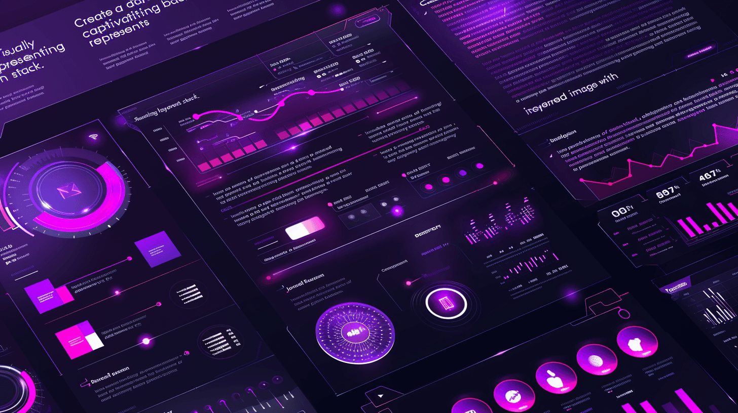 Futuristic purple and pink data visualization dashboard showing various charts, graphs, and UI elements by VOX One Studio