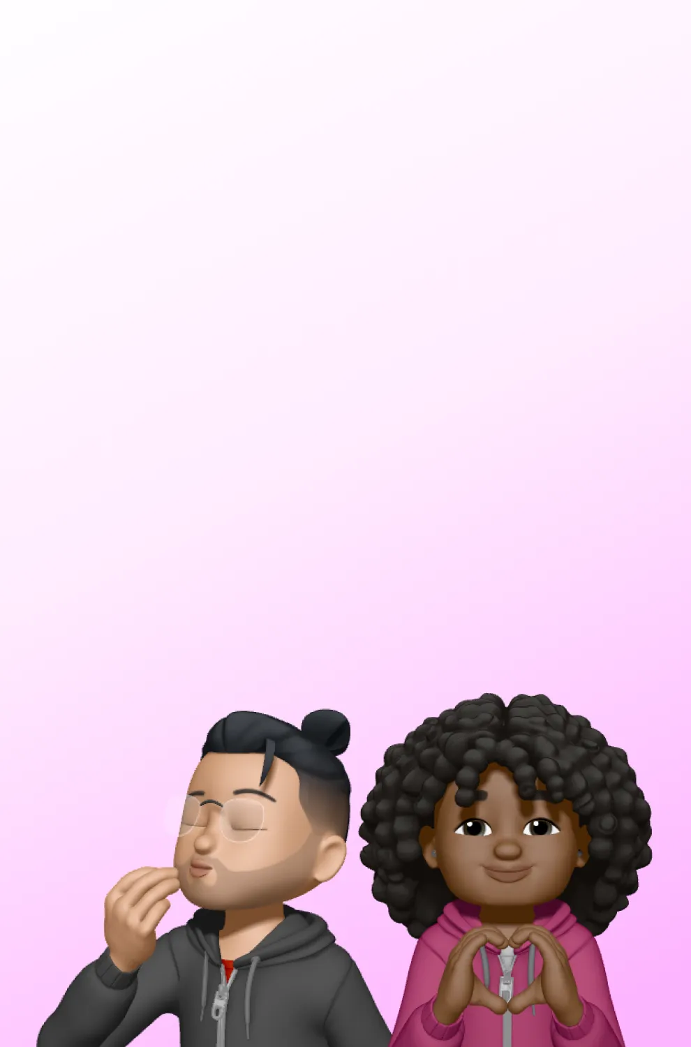 Two Memoji characters on a pink gradient background