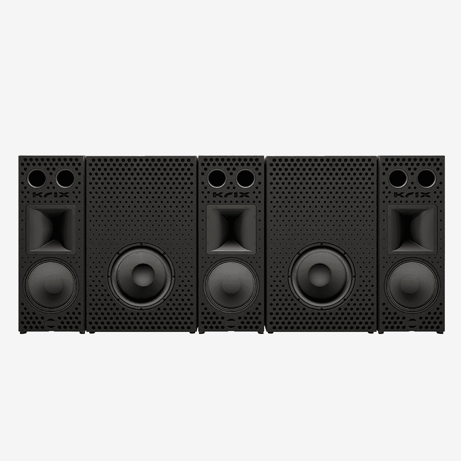 Five black Krix speakers in a row.