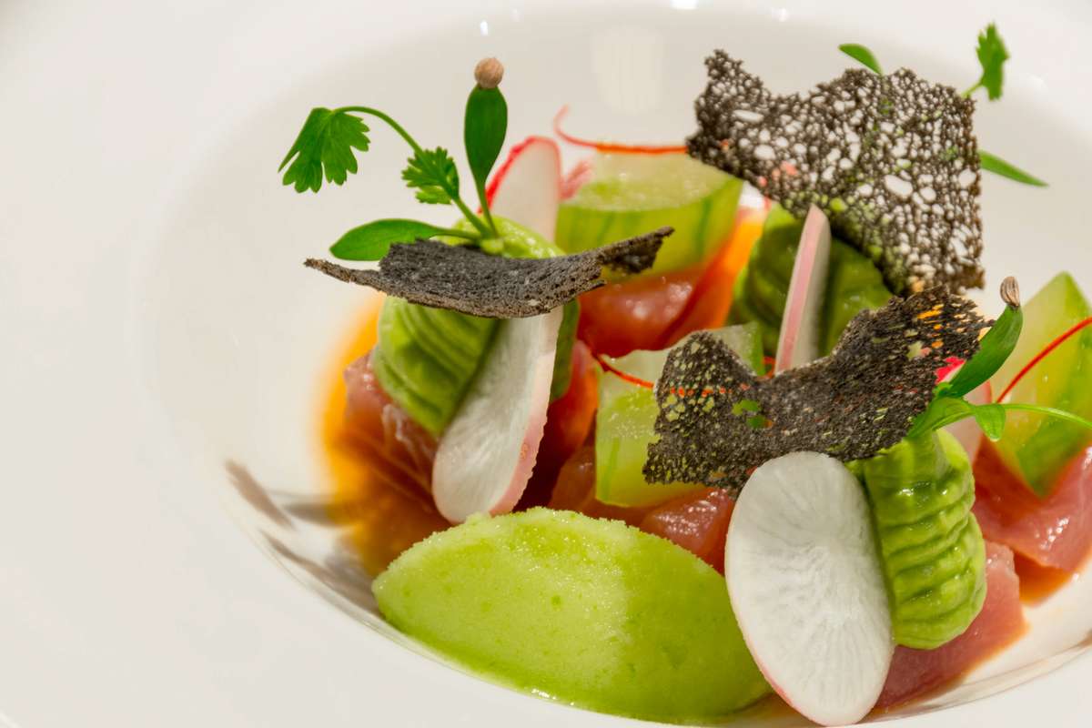 A gourmet dish features sliced cucumbers, radishes, and tomatoes garnished with herbs and dark seaweed flakes in a white bowl.