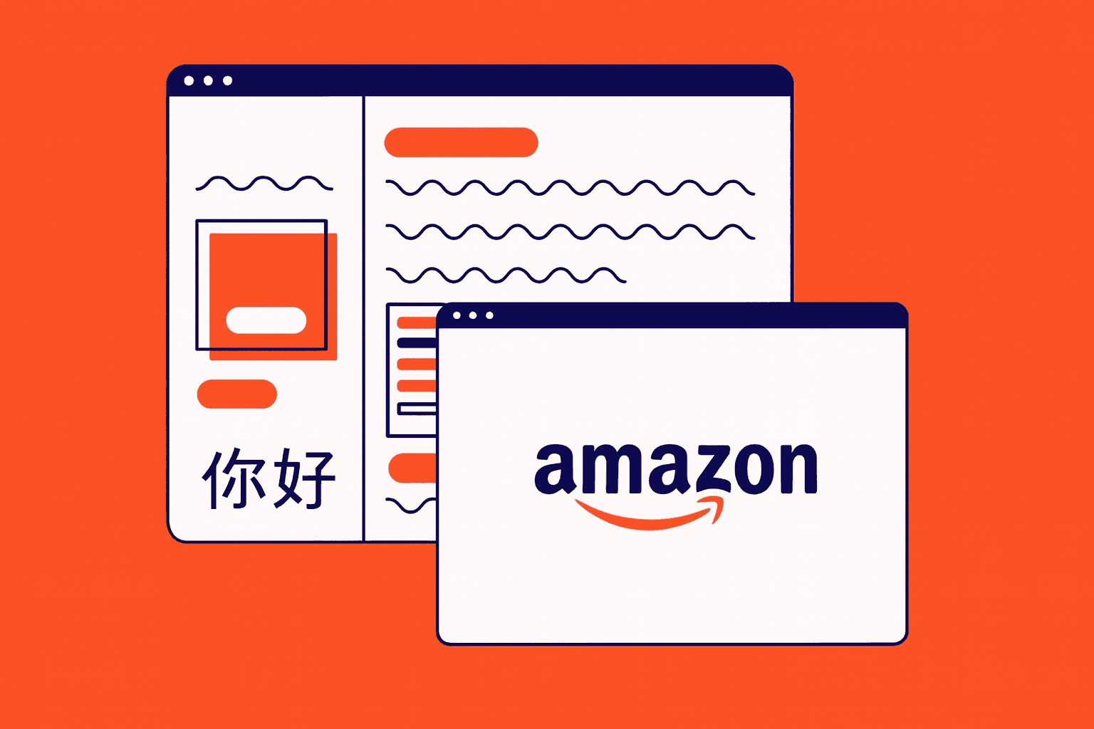 Illustration de pages web stylisées avec le logo Amazon, représentant l'amélioration des pages produits via le contenu A+ pour optimiser les ventes en ligne.