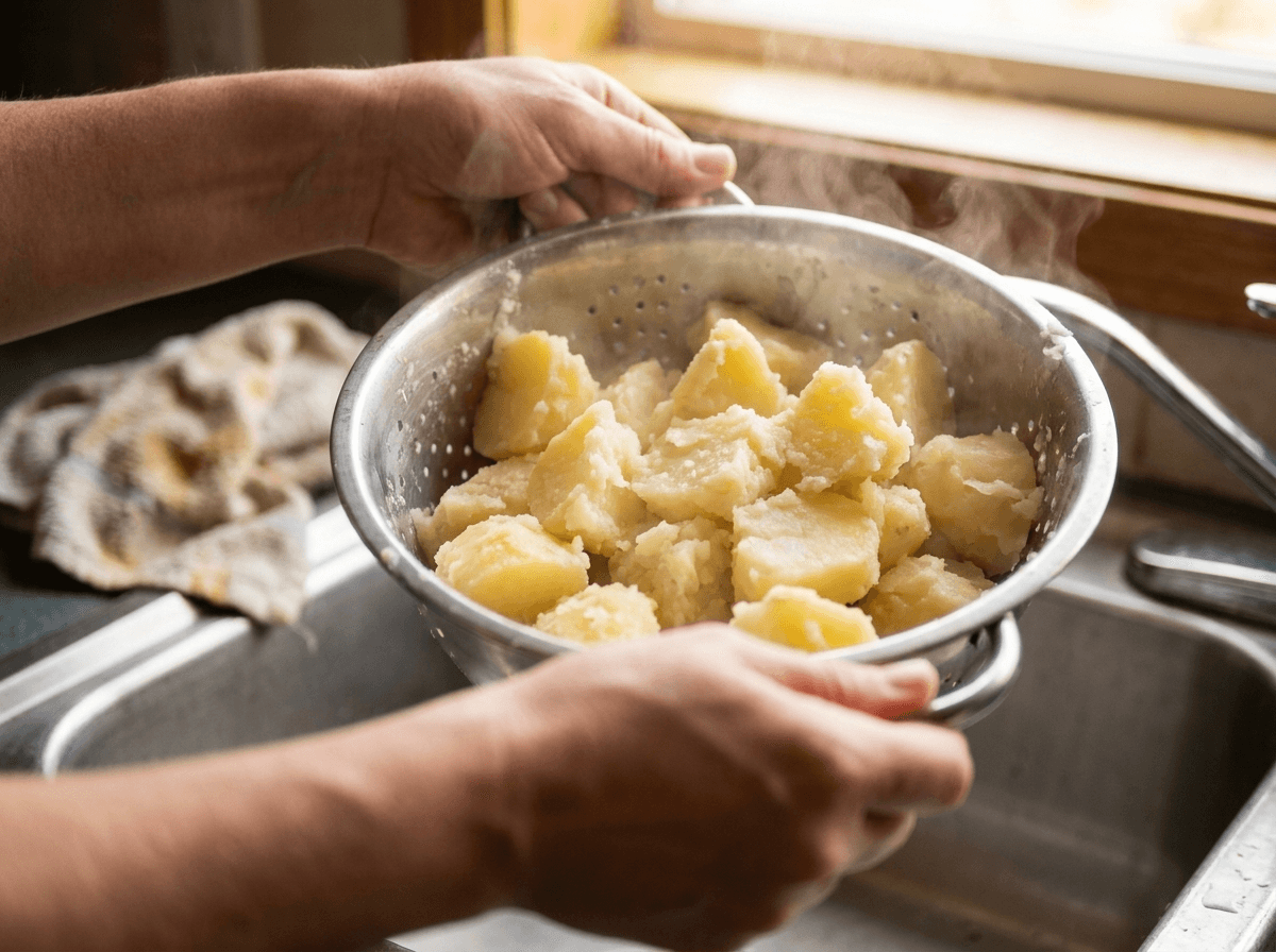 Parboiled potatoes shaken in colander showing rough starchy surface for crispy roasting