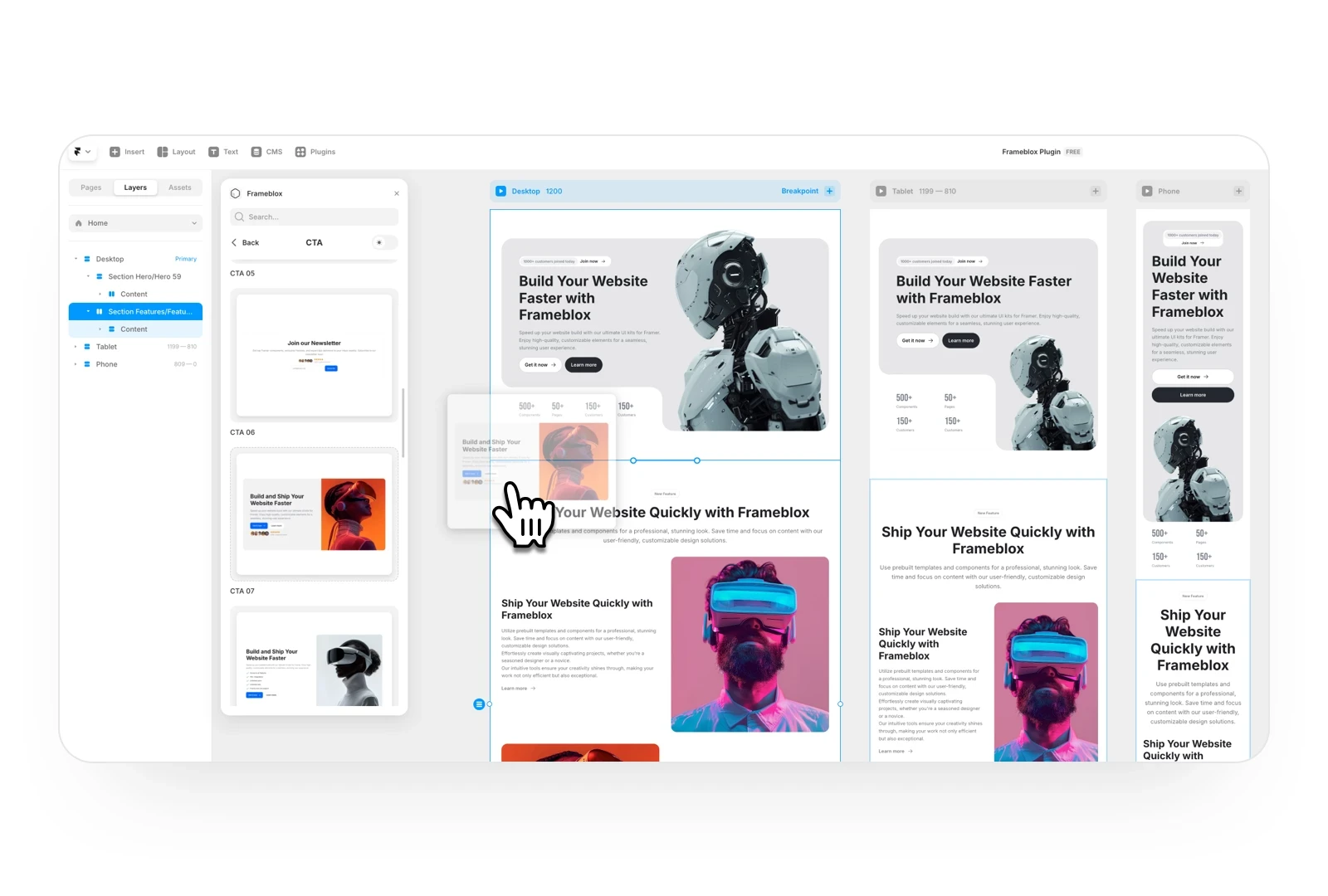 Framer UI kit Frameblox Plugin - Add prebuilt sections from the Frameblox Plugin to my Framer project.