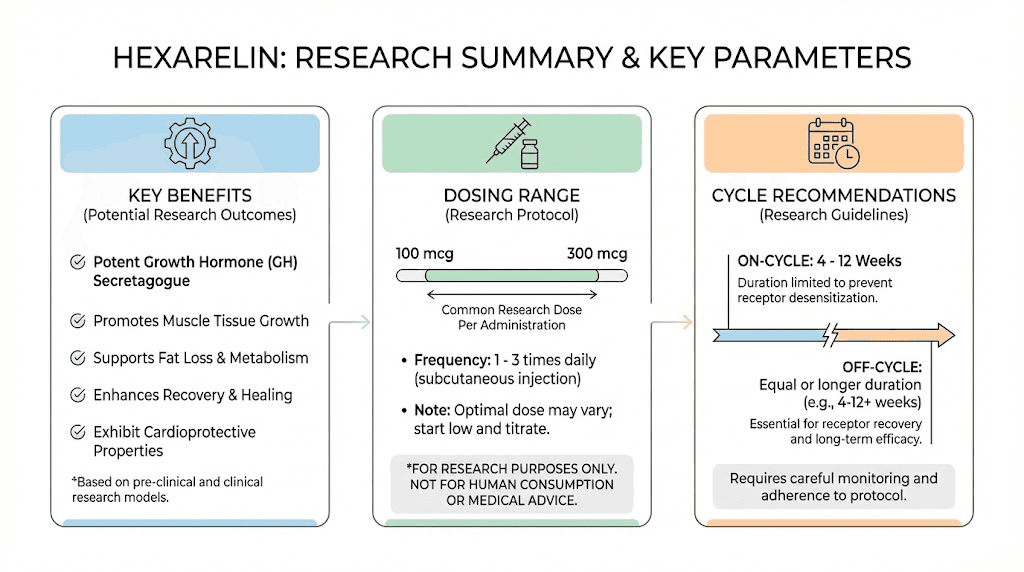 Hexarelin peptide benefits and dosing summary infographic