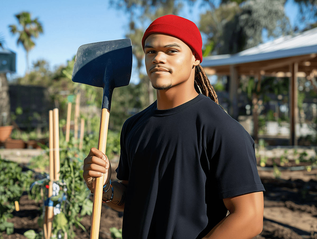 young man holding shovel in farm
