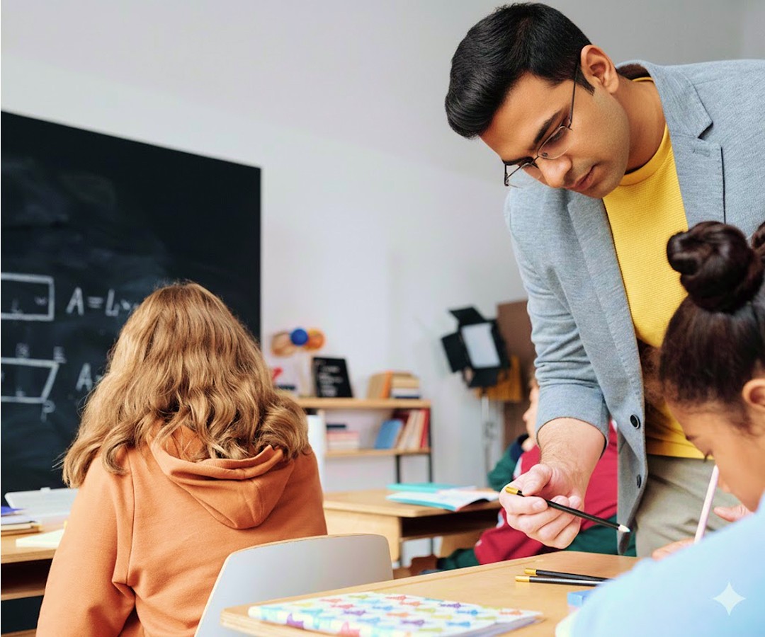A teacher is helping a student with an assignment