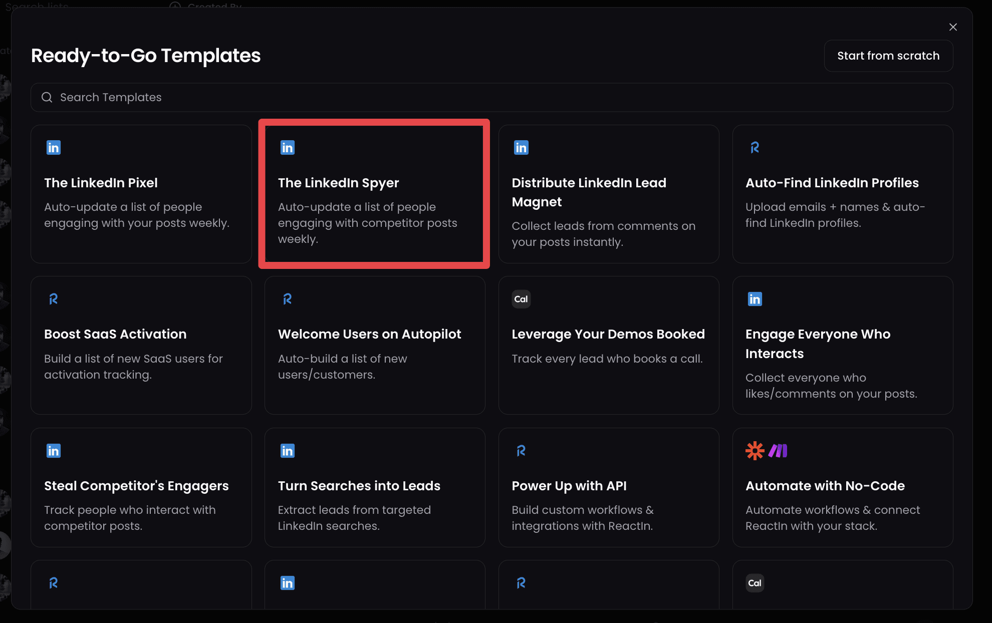 ReactIn available templates overview