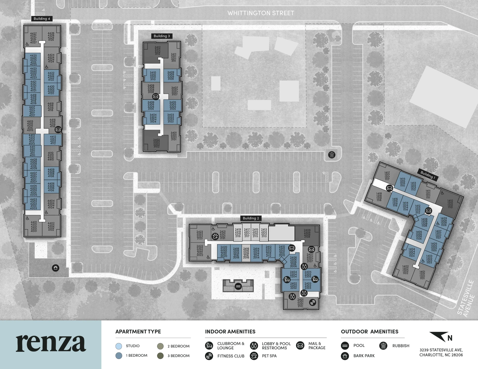 Site map of Renza apartments highlighting the apartments with one bedroom in each building.