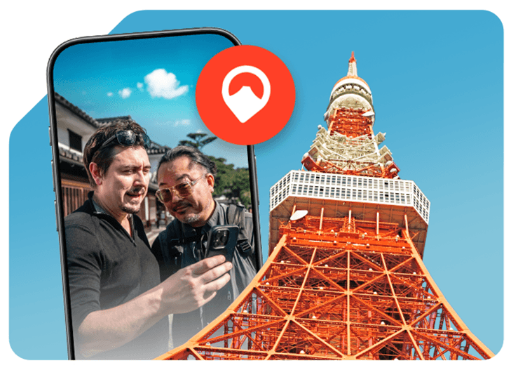 Chris Broad from Abroad in Japan joined by Sharla and Natsuki, with landmarks like Tokyo Tower, Fushimi Inari Torii gate, and Mount Fuji—showcasing reliable eSIM coverage across Japan.