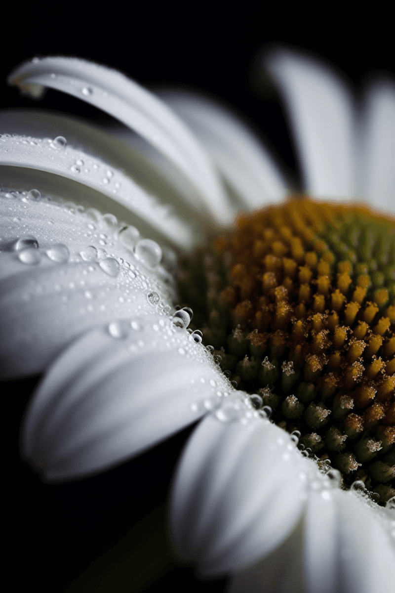 Close-up of a daisy flower showcasing its white petals and yellow center against a dark background.