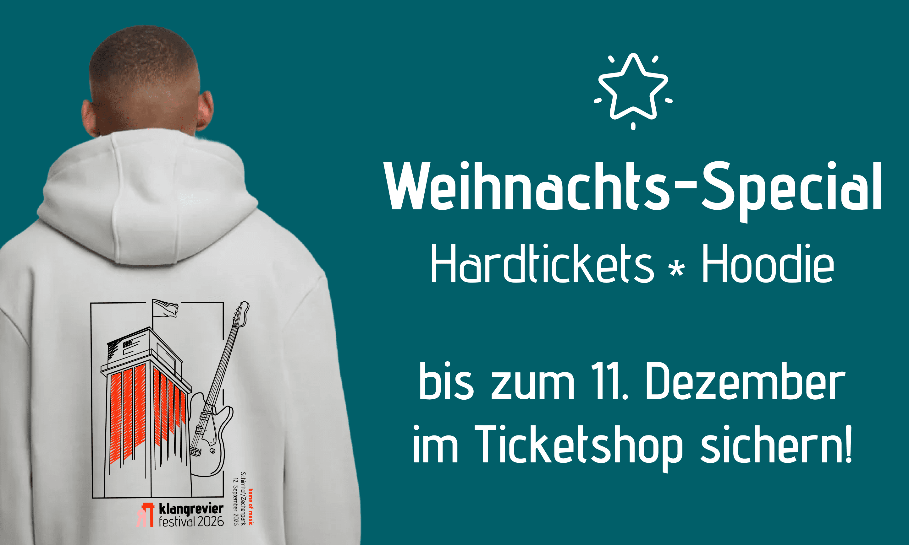 Rote Ticket-Grafik mit abstrakten rosa Formen im Hintergrund. In der Mitte steht der Text: ‚Festival Ticket – 12,00 €. Ein Tag voller Livemusik, guter Stimmung und Begegnungen – das ist das KlangRevier Festival 2026. Sei dabei und kauf dir jetzt dein Ticket!‘ Über dem Text befindet sich ein kleines Ticket-Icon.