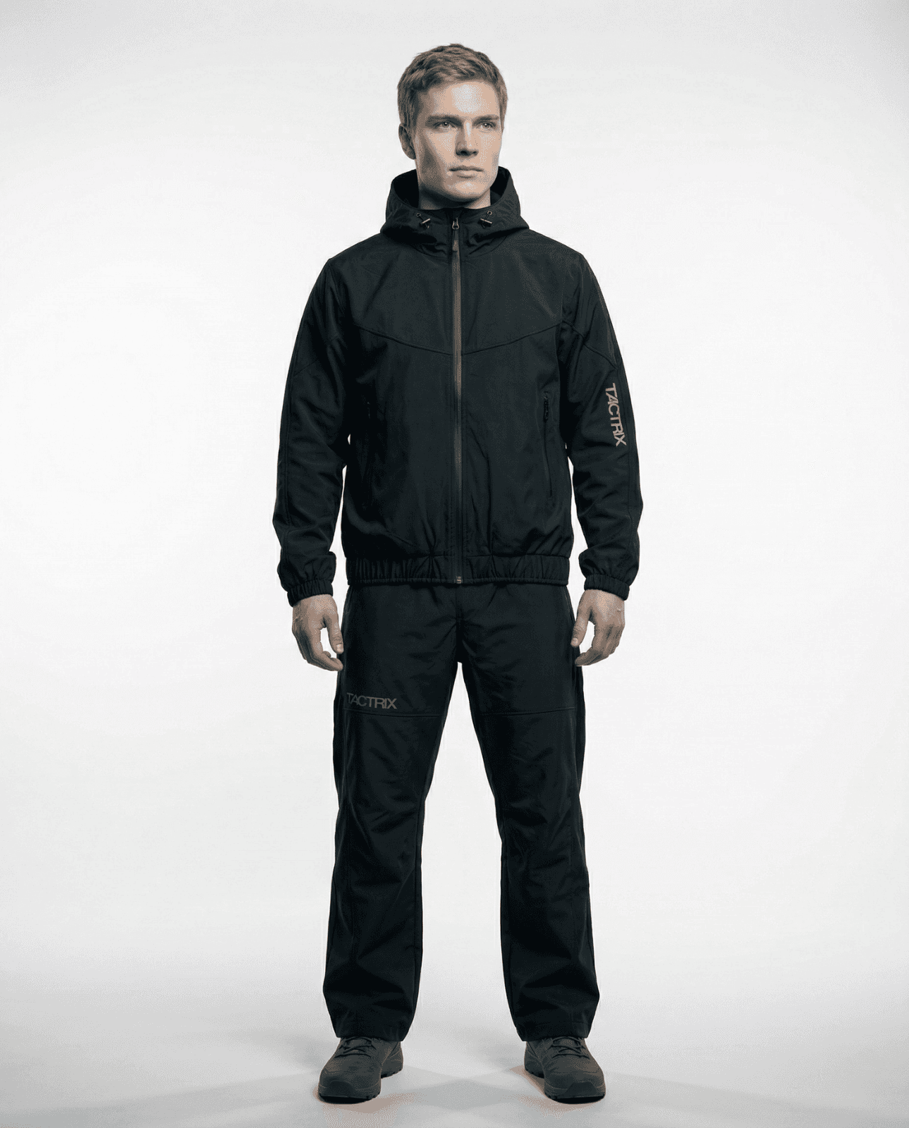 Model wearing Tactrix T1 tactical tracksuit front view