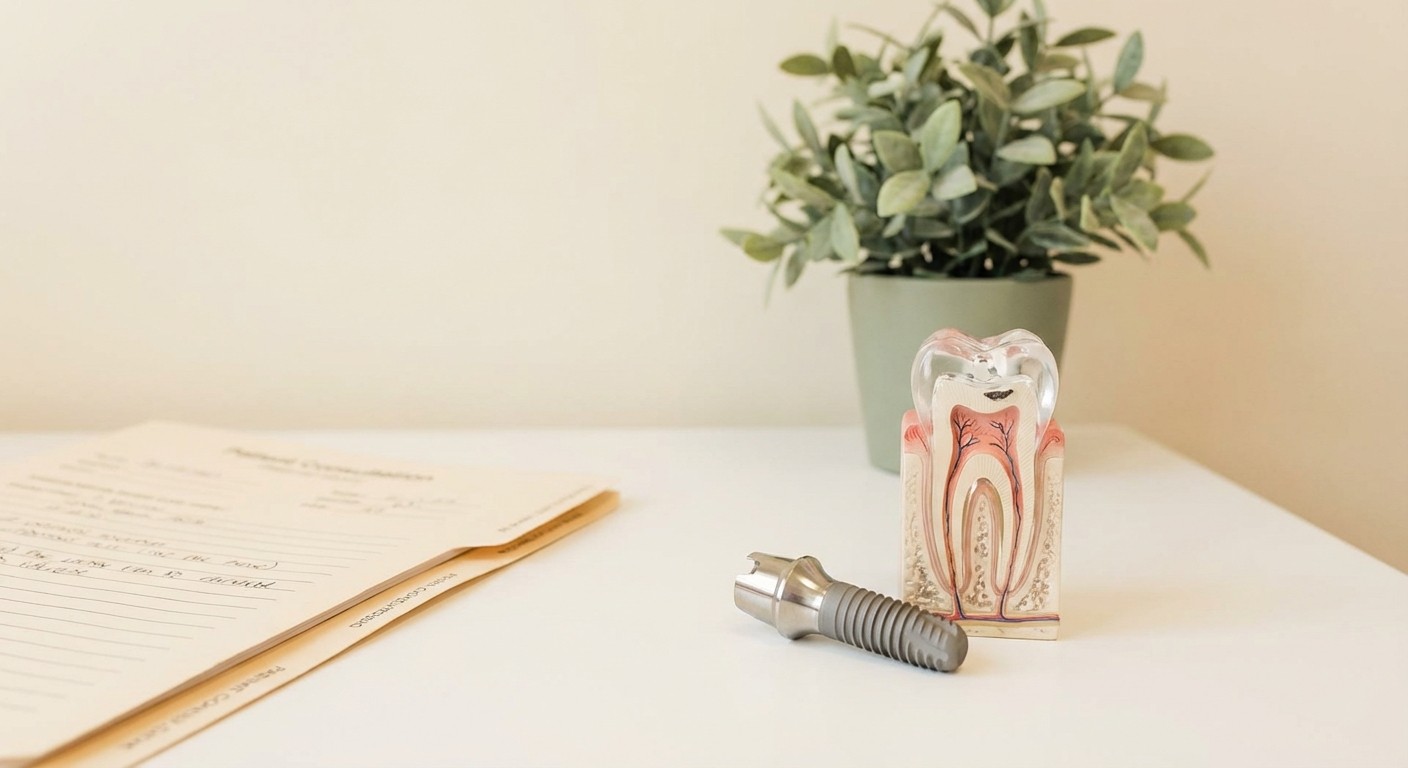 Titanium implant post beside a dental model cross-section in a modern clinical office