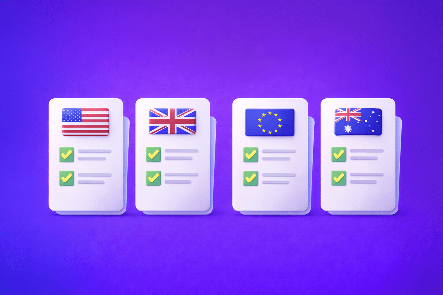 Customer screening fintech illustration with magnifying glass icon on blue to purple gradient background, representing AML compliance, real-time risk assessment, and identity verification for financial institutions.