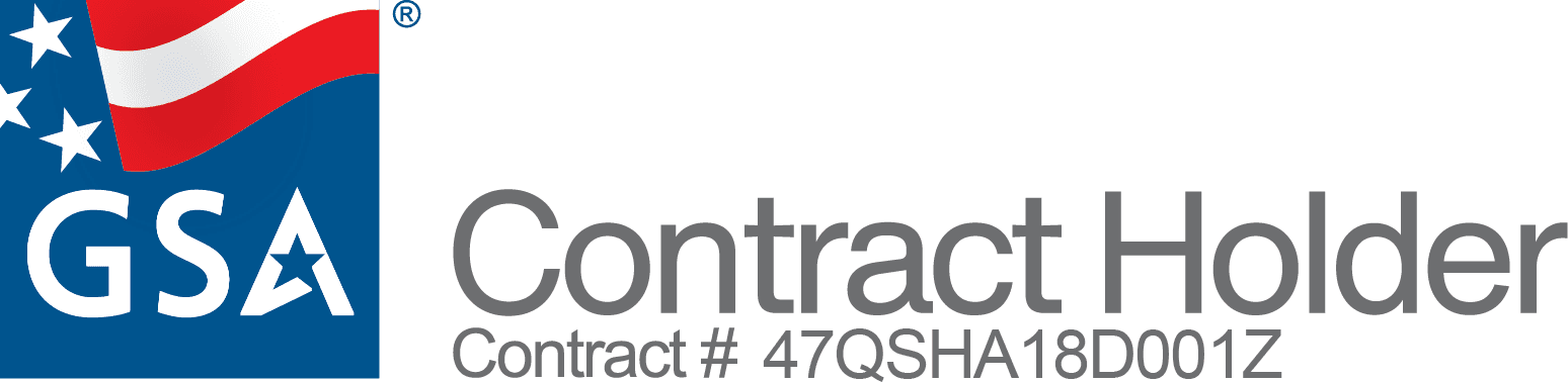 GSA Contract Holder badge with a blue and red stylized American flag above the letters “GSA” on the left. Gray text to the right reads “Contract Holder” with smaller text underneath stating “Contract #47QSHA18D001Z.”