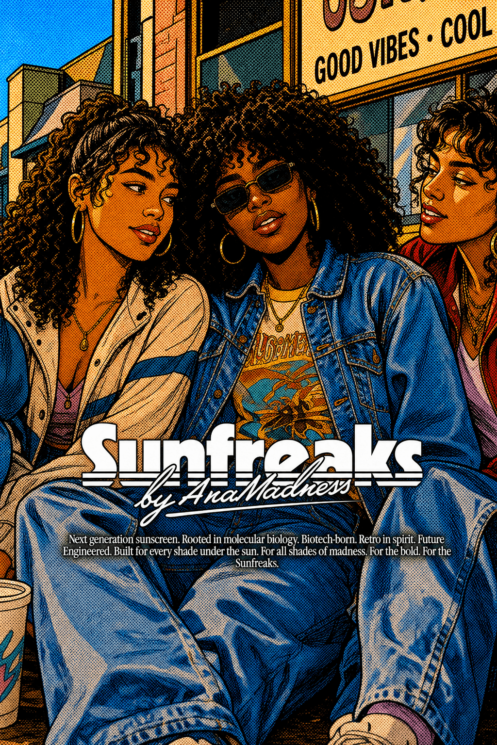 Sunfreaks project cover showing three women in a retro illustrated style.