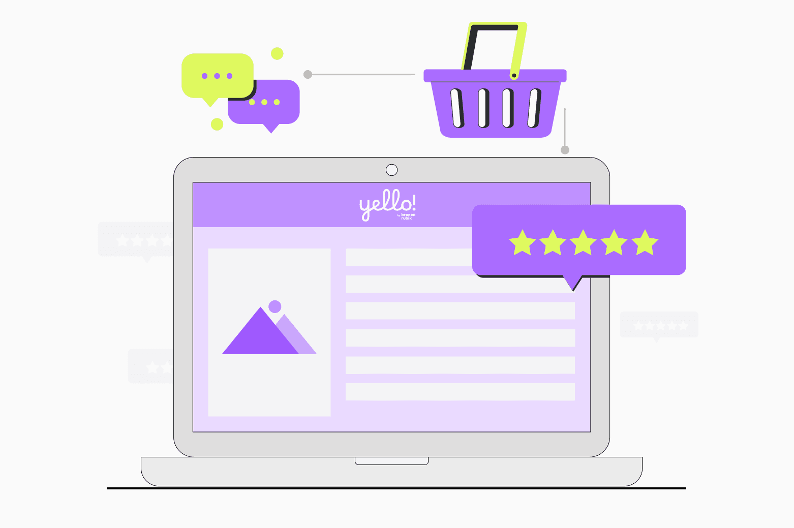 Computer illustration on the Yello! blog with cart, reviews, and chat