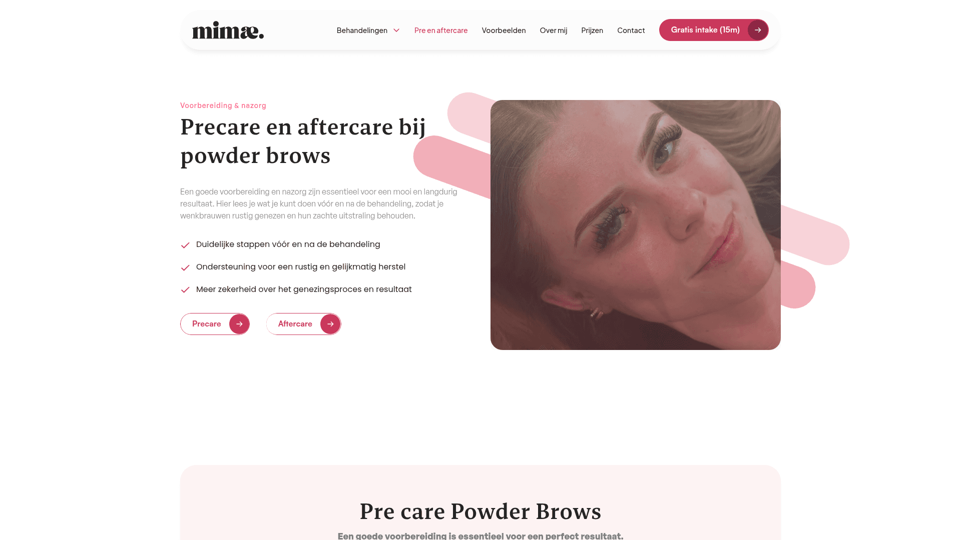 Studio Mimae pre- and aftercare page with structured steps for powder brow heali
