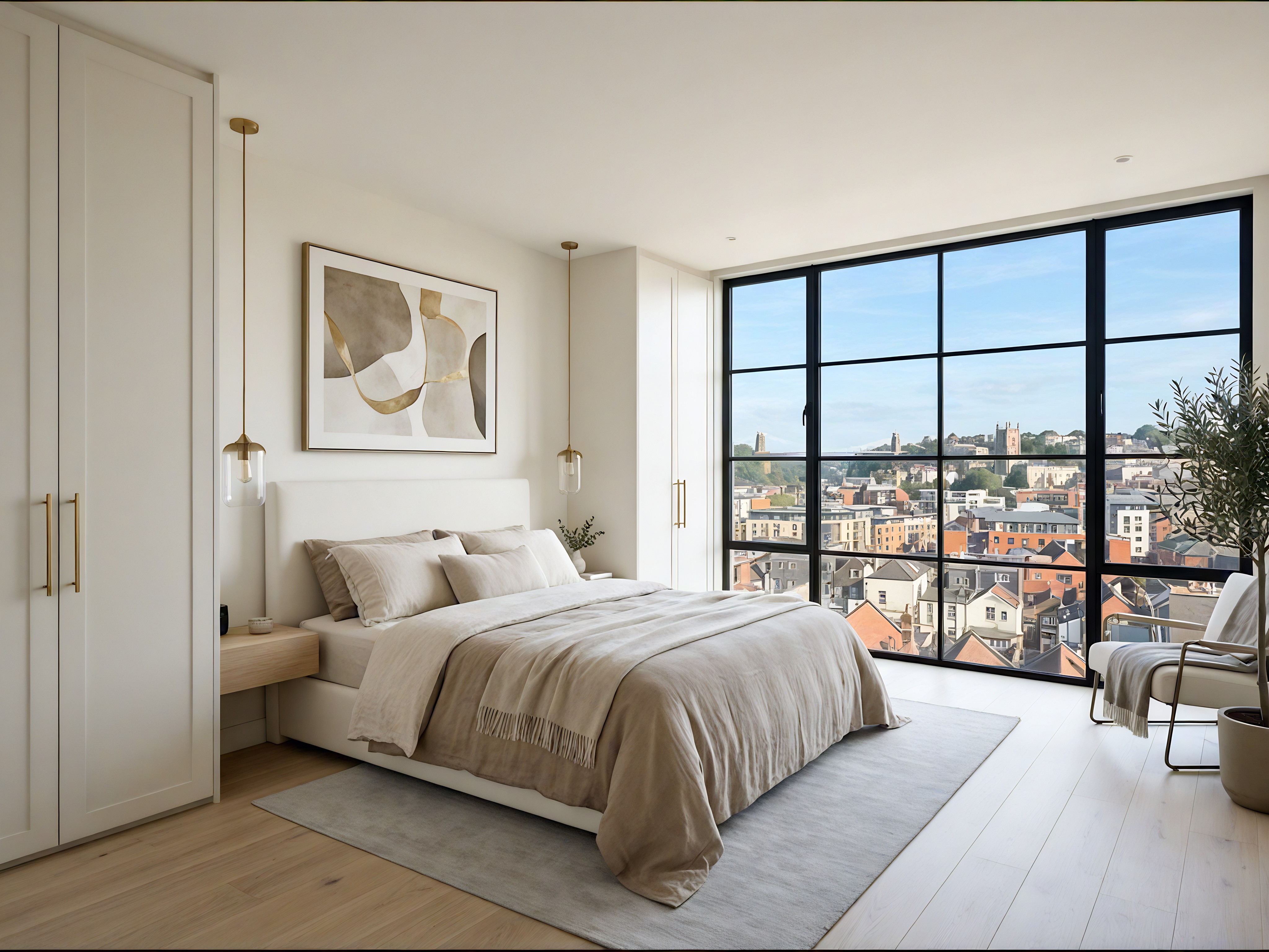 A classic European-style bedroom with ornate ceiling moldings and white paneled walls is shown. A large window on the far wall looks out on green foliage. A large, green upholstered, winged bed is against the wall on the left, which has a two-panel grey and white painting hanging directly above the bed. The bed features light sage green pillows and bedding as well as a small, green upholstered bench at the foot. A sage green knitted throw blanket is at the lower end. On either side of the bed are small, wooden bedside tables, both with lamps with beige-colored shades. The left bedside table has a stack of three small drawers. A larger rug in a shade of grey sits in front of the bed on the grey and white marble-patterned flooring. To the right, against the right wall, are floor-to-ceiling cream cabinets with gold-colored T-bar style handles. A dark grey pot with a green, leafy bush inside is near the corner and next to the window. In front of the window is a white radiator.