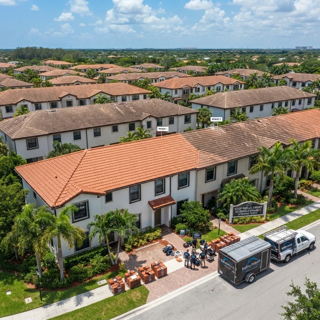 South Florida townhome community with multiple attached roofs scheduled for phased replacement