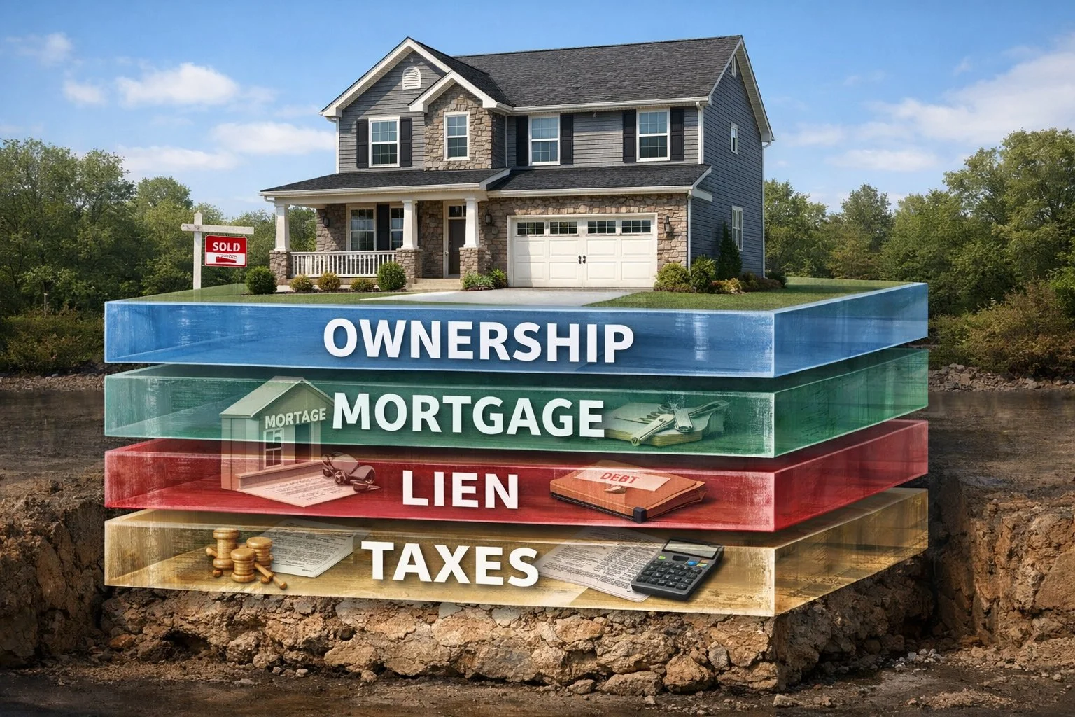 House with transparent layers showing mortgage, lien, and tax obligations stacked beneath ownership, all transferring together.