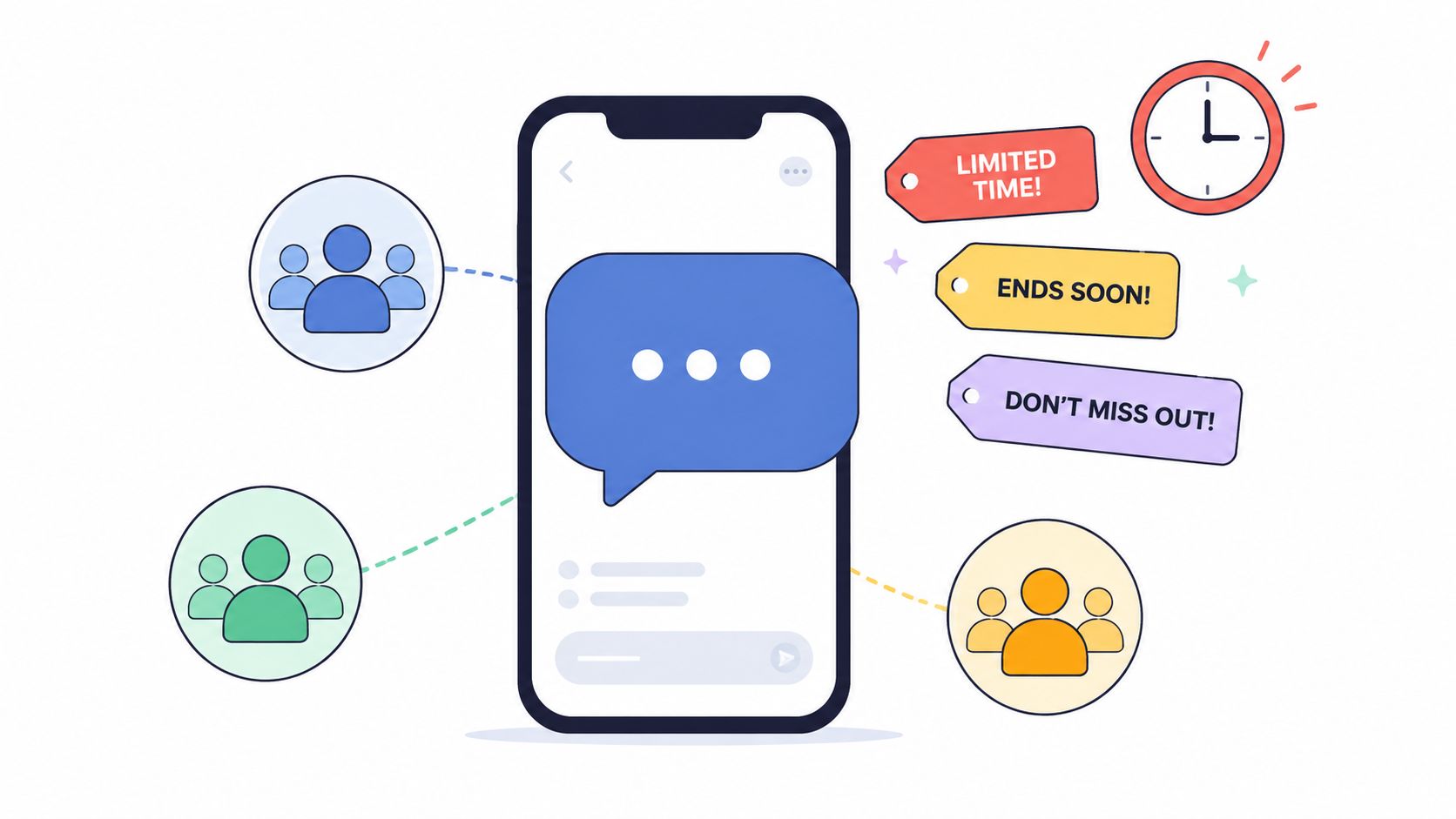 Una ilustración digital de un smartphone rodeado de burbujas de chat, iconos de personas y mensajes promocionales.