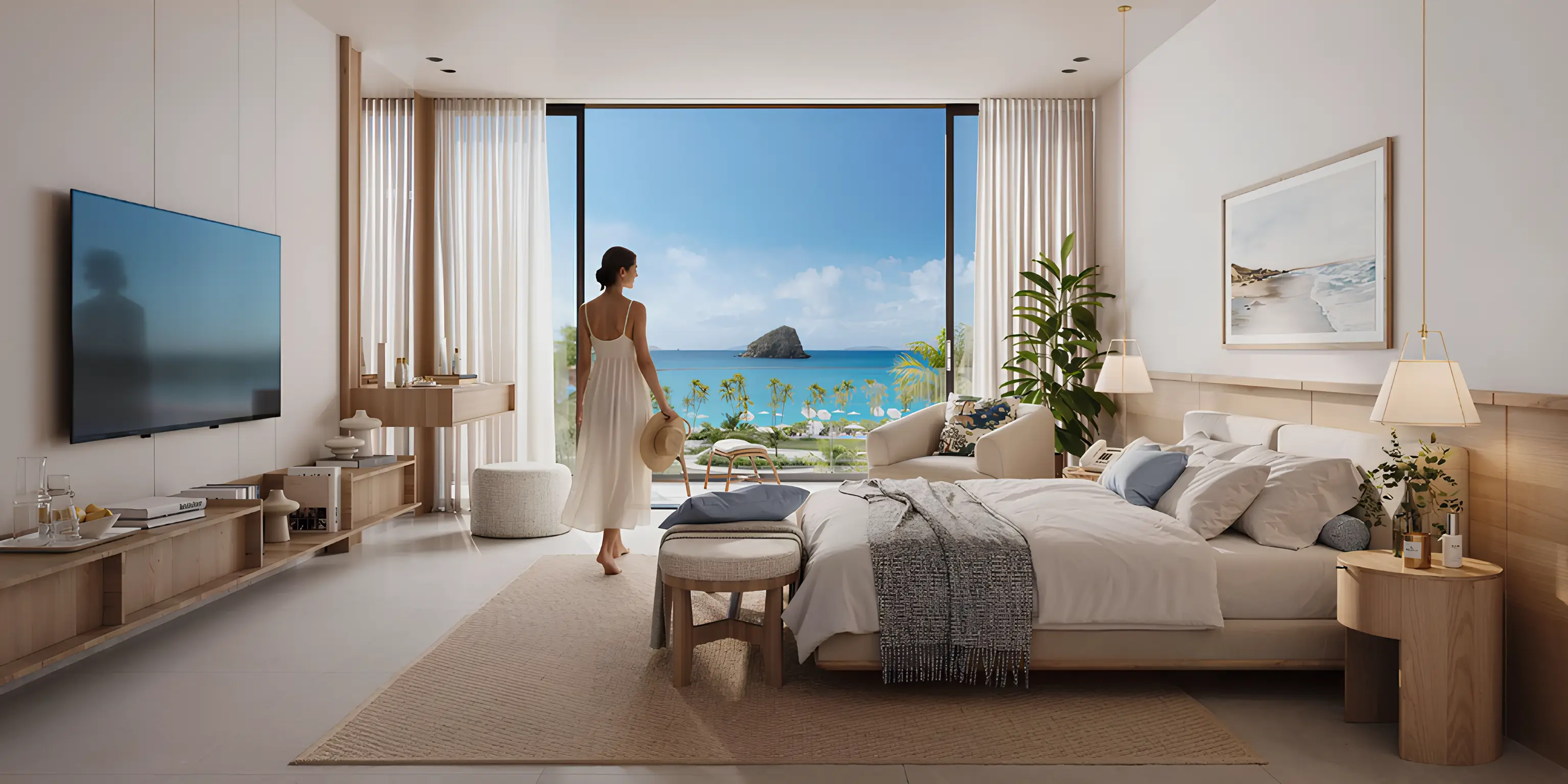 A sleek modern bedroom with a generous bed and a large painting titled 'Oceana' as a focal point.