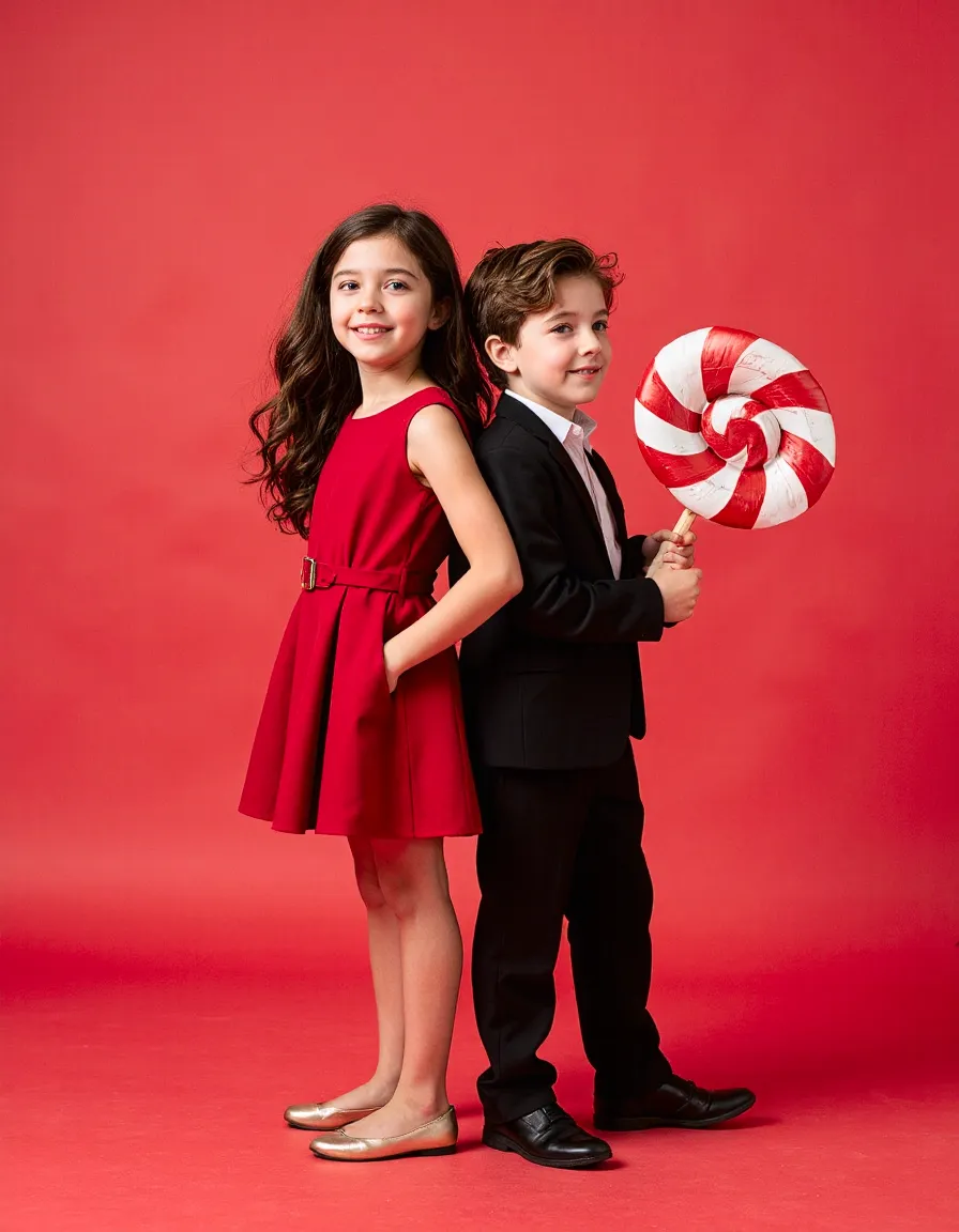Two children in formal holiday attire posing back-to-back with oversized candy cane prop against vibrant red background