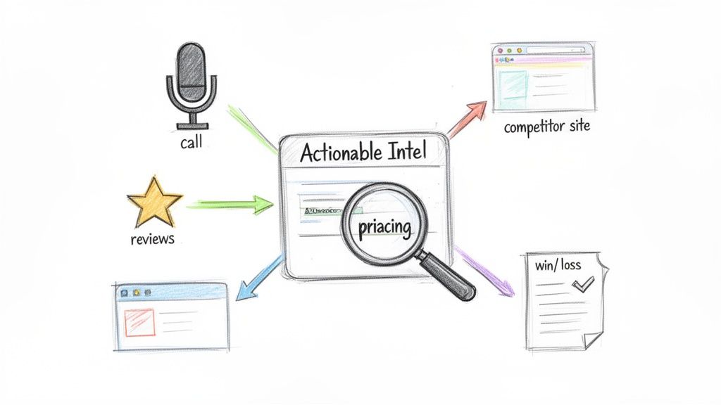 Diagram showing how actionable intelligence on pricing is gathered from calls, reviews, competitor sites, and win/loss data.