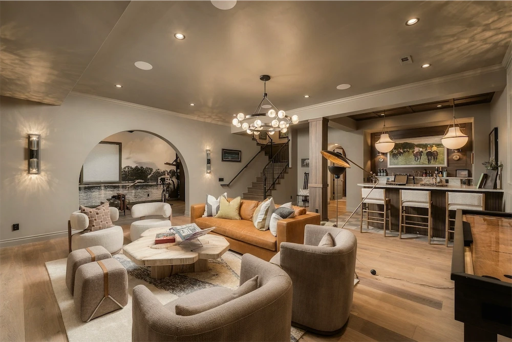 Living room at dusk at 1408 Cliffbrook Drive