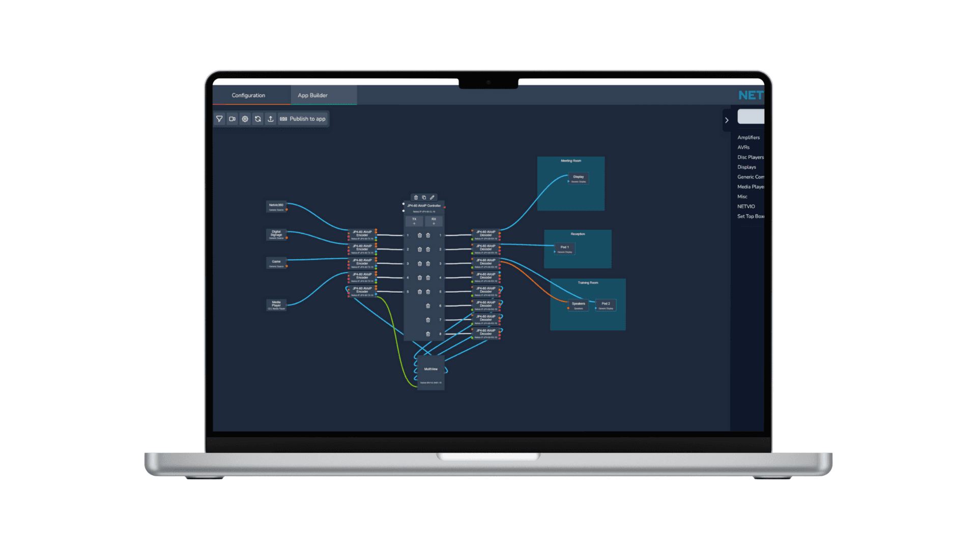 Network diagram showing input sources and output devices.