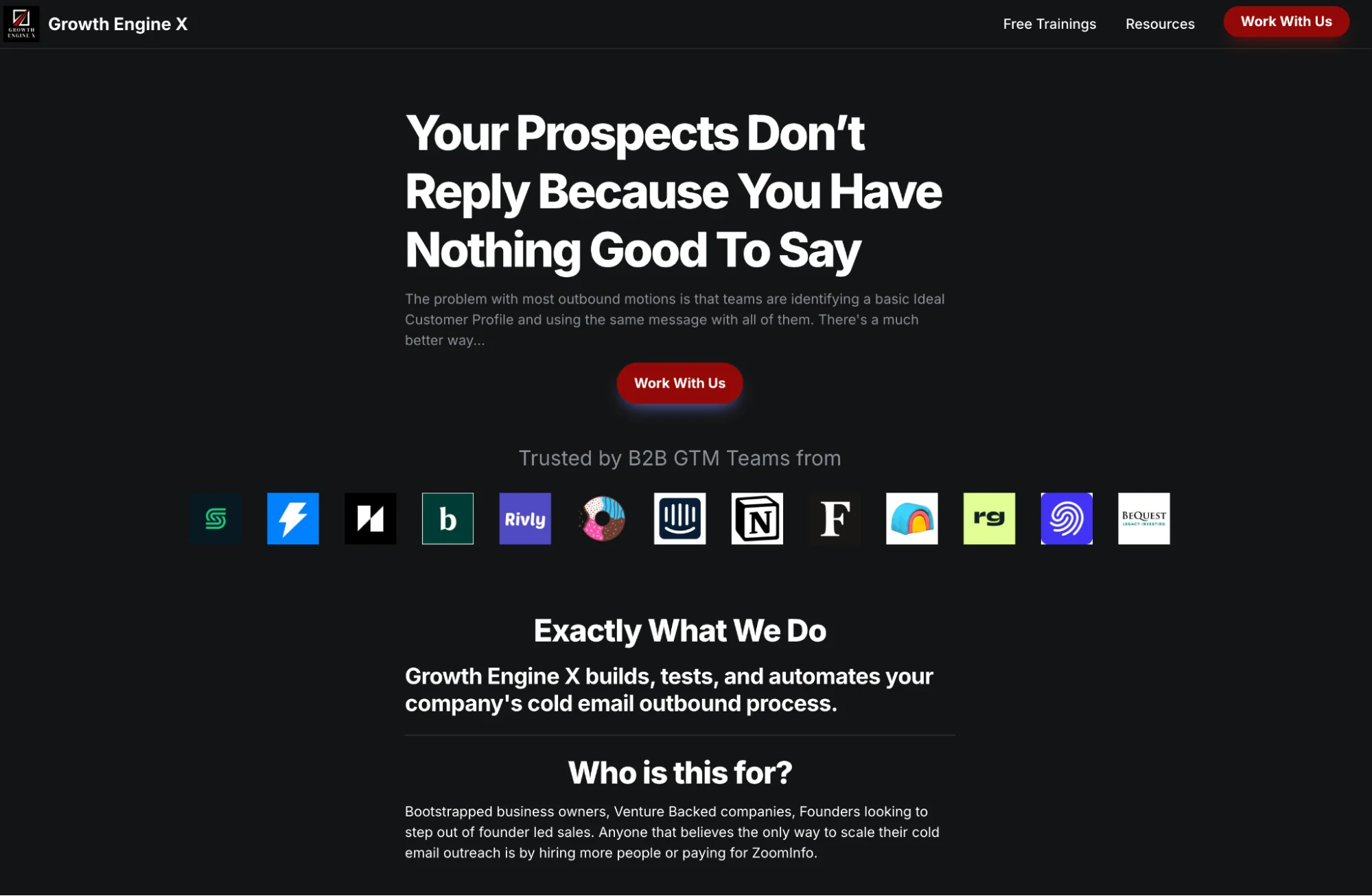 Growth Engine X homepage: cold email outbound agency