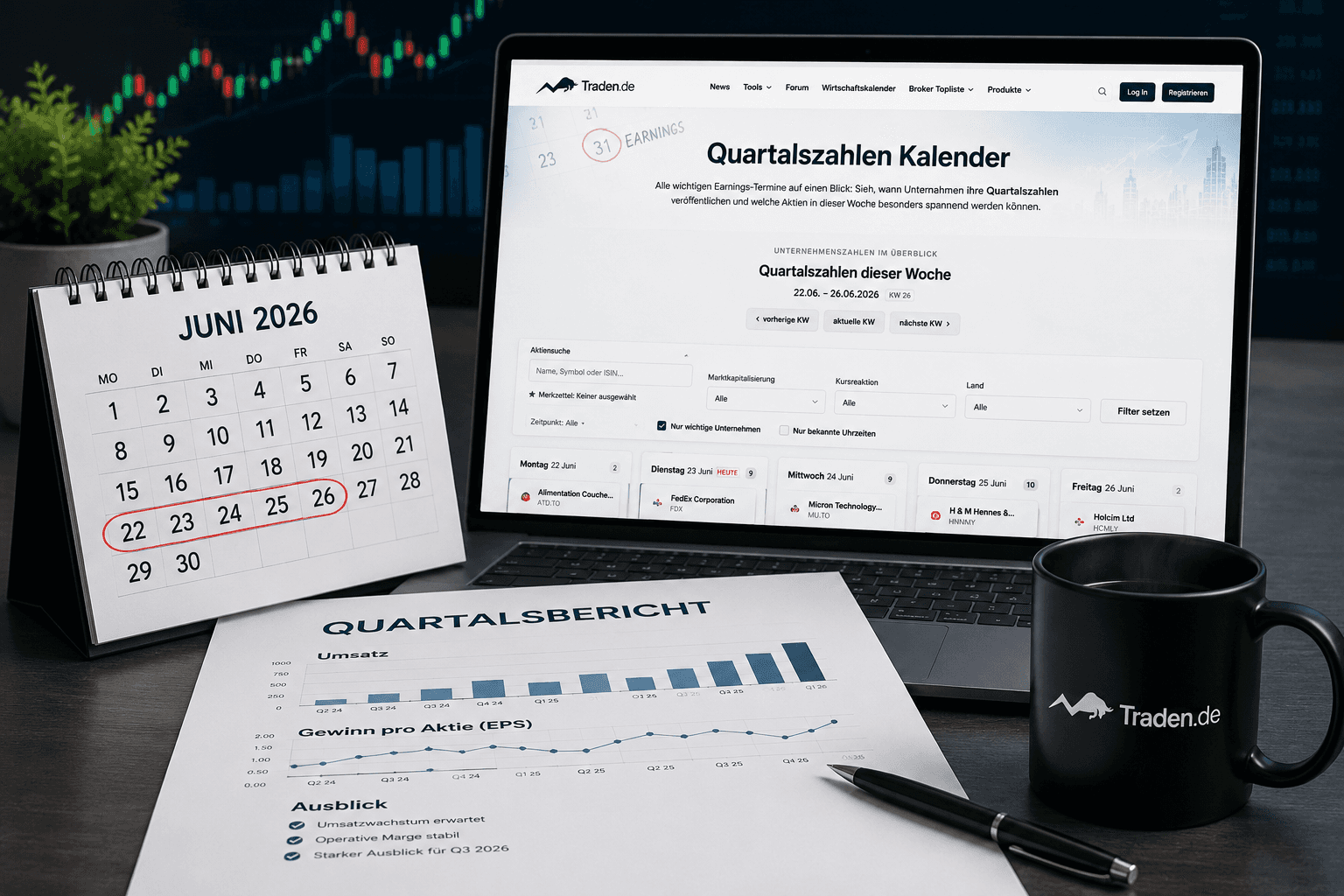 Schreibtisch mit Kalender, Quartalsbericht und Traden.de Quartalszahlen Kalender zur Vorbereitung auf wichtige Earnings-Termine.
