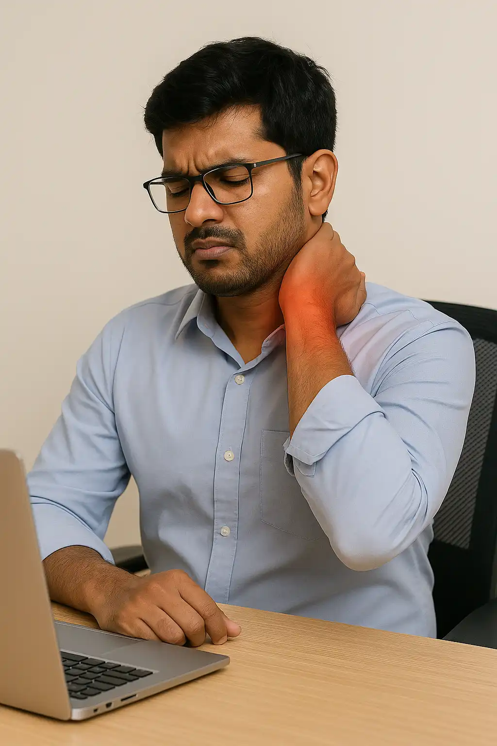 Man sitting at a desk holding his neck with a painful expression, with a highlighted red area indicating neck and shoulder strain from prolonged computer use.