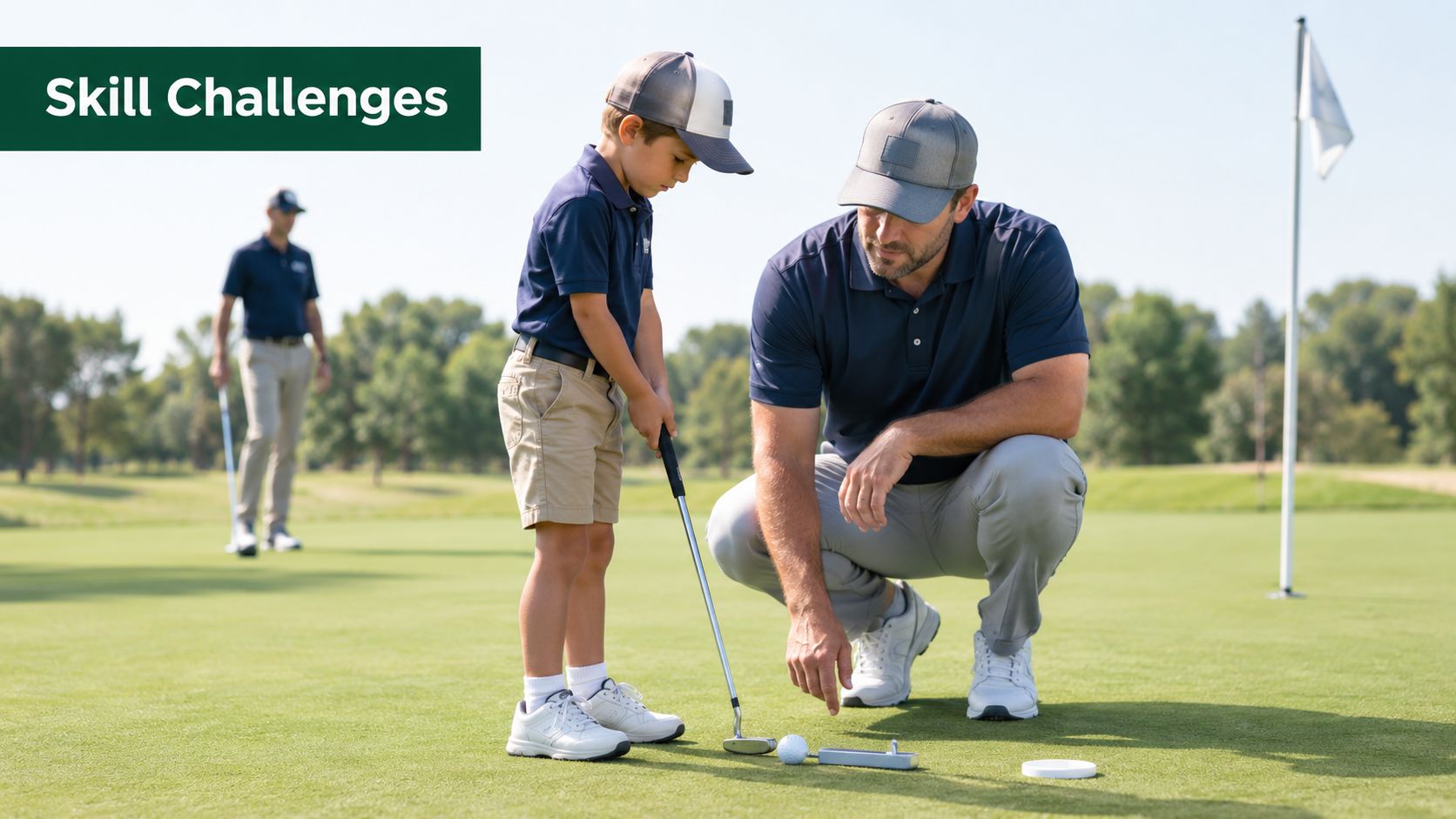 A father kneeling on a golf course, teaching his young son how to putt on the green.