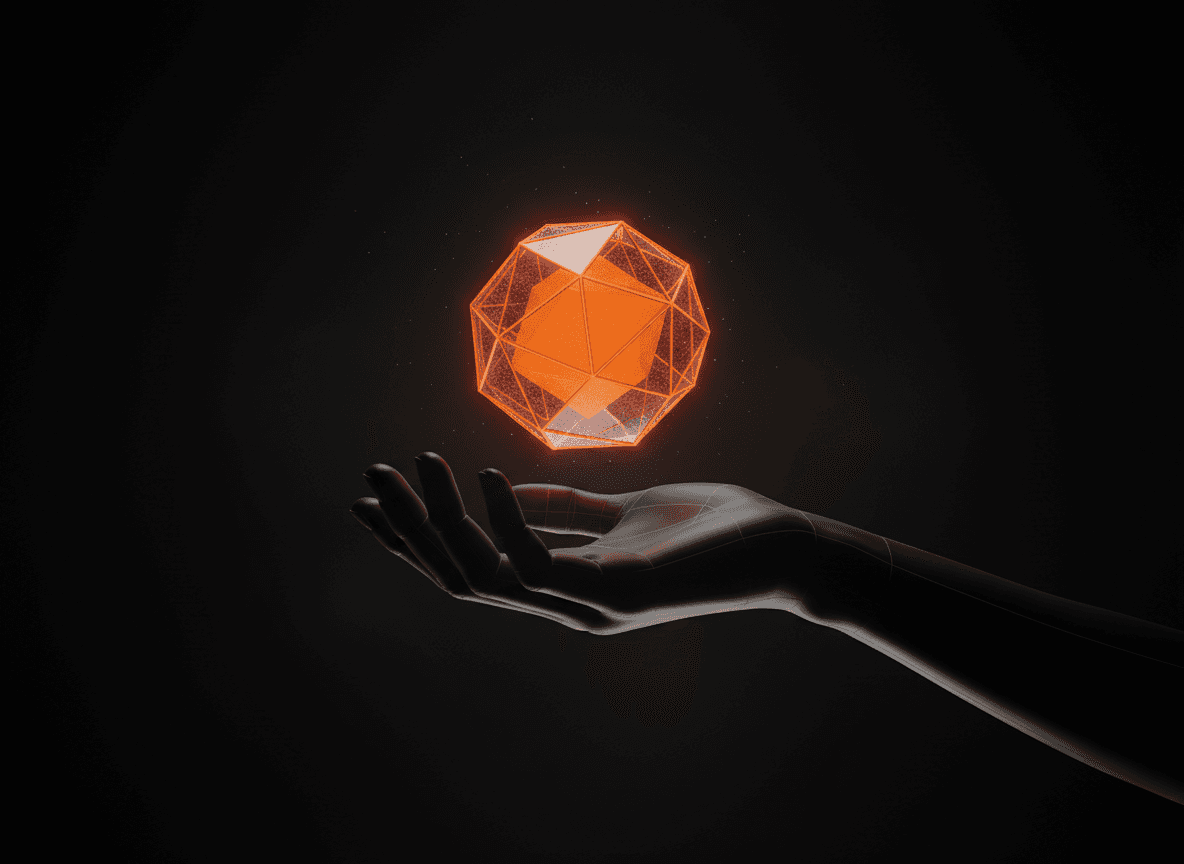 Glowing orange crystal floating above an outstretched hand. Futuristic digital art.