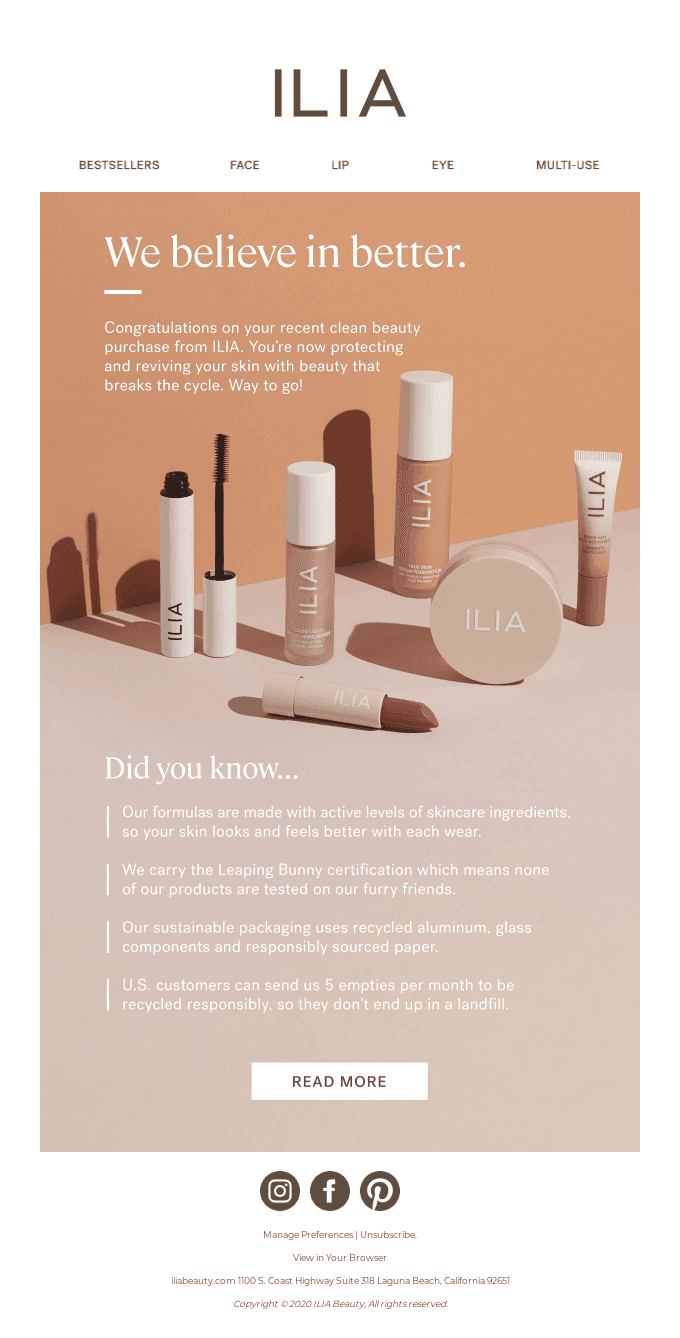 ILIA post-purchase email showcasing clean beauty products and highlighting sustainability and ethical practices.