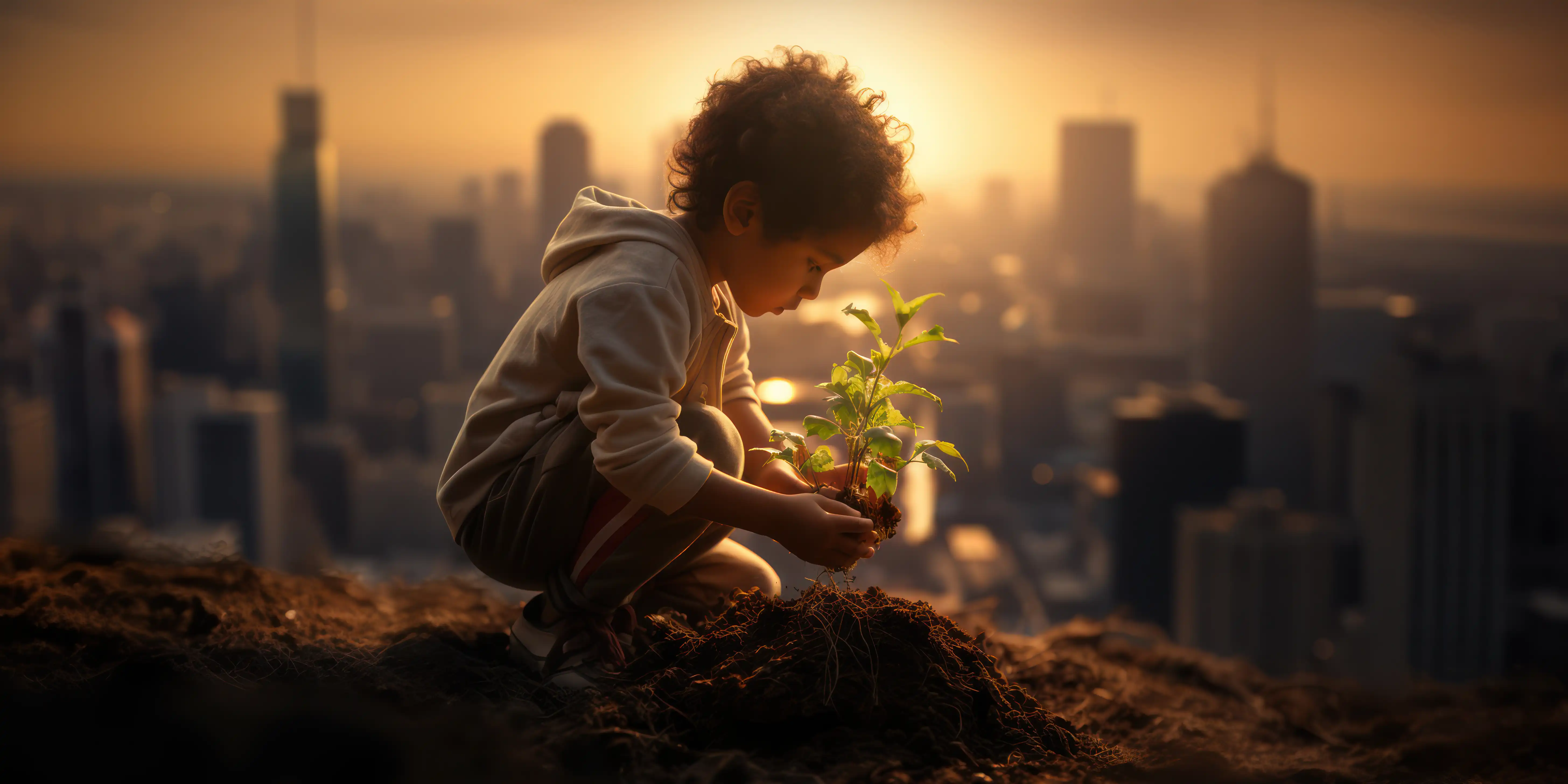 campagnebeeld van een jongentje die een boom plant tegen een stedelijke achtergrond