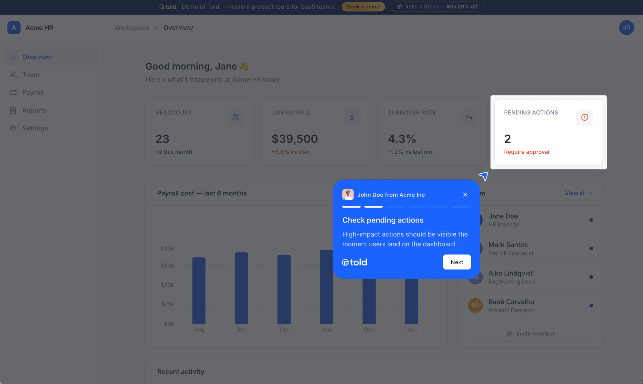 Preview of a Told product tour inside a SaaS dashboard with an interactive onboarding tooltip.