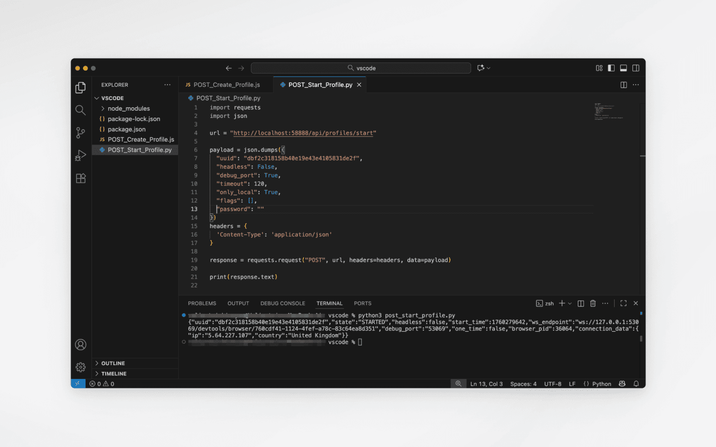 Similarly, to start a profile using Python, select POST Start Profile in Example Request, paste the script into a .py file, save it, and run it.