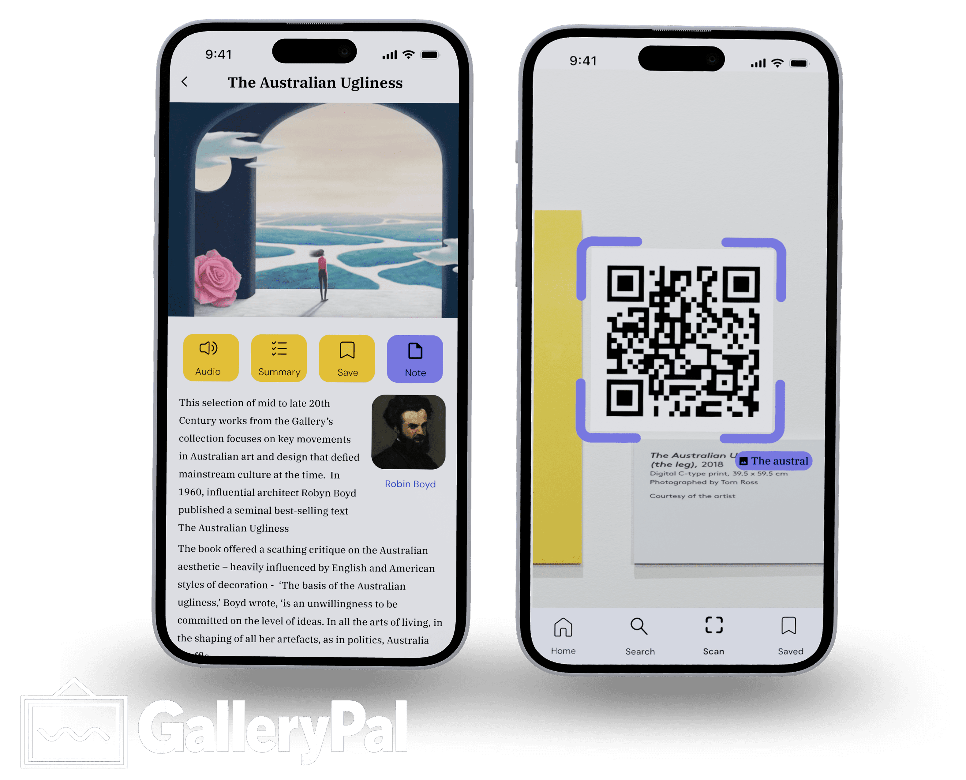 GalleryPal museum guide app showing a QR code scanner and a story-driven art description screen.