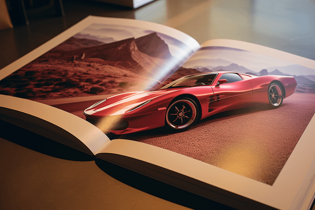 Open book with a photo of a red sports car speeding down a road with mountains in the background.