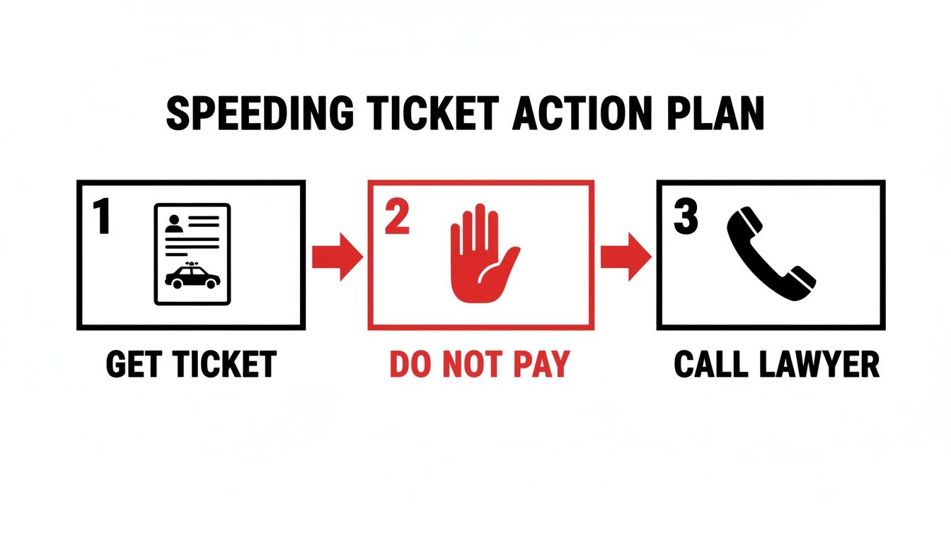 A diagram shows a 3-step action plan for a speeding ticket: Get ticket, Do not pay, Call lawyer.