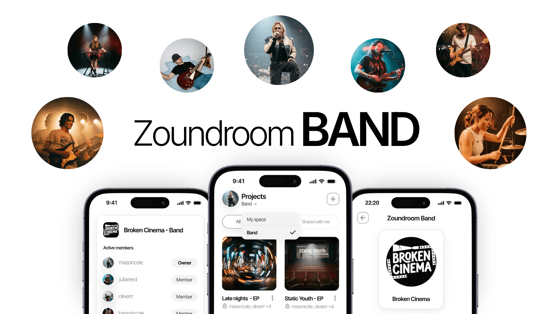 Vista de app de Zoundroom en plan banda con perfiles de músicos e instrumentos