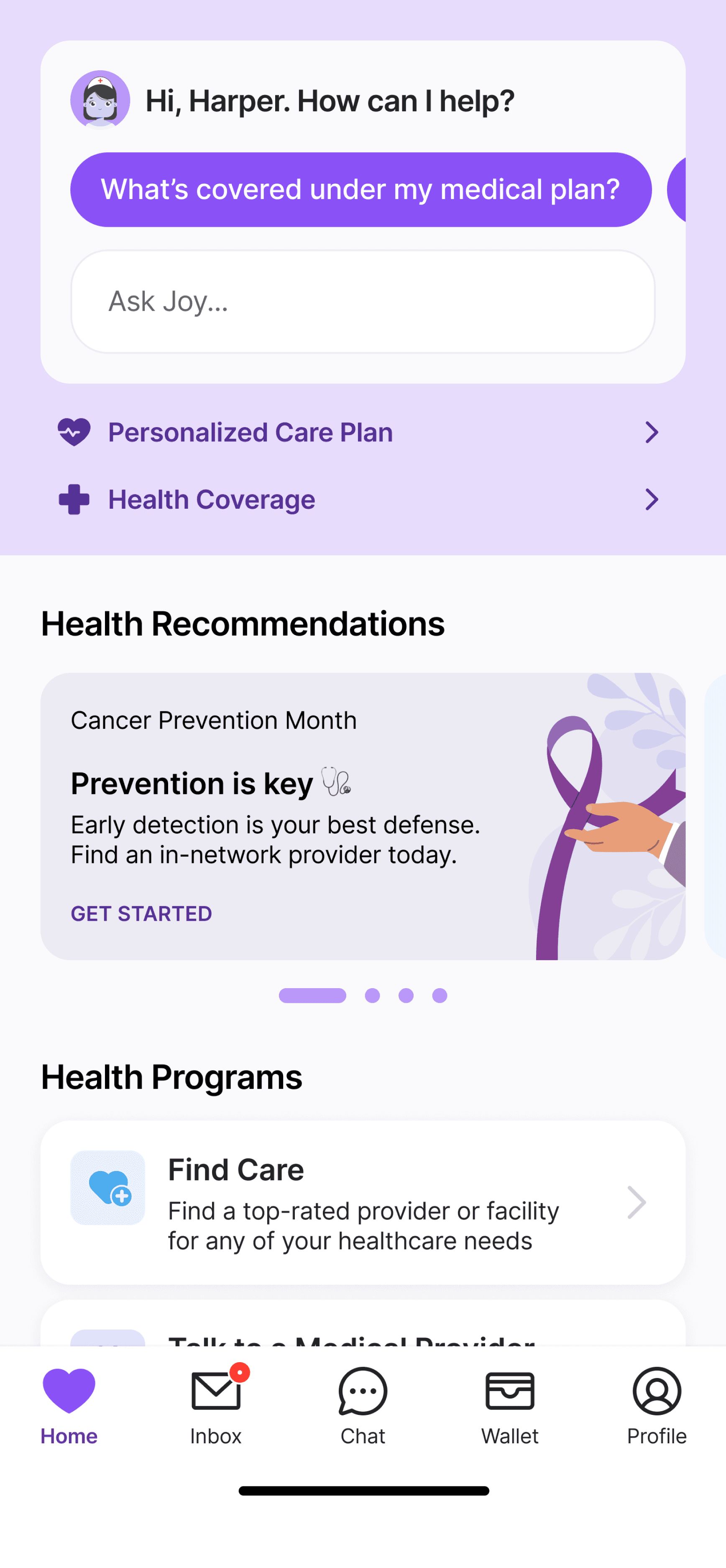 HealthJoy member app home screen showing Joy AI, personalized care plan, health coverage shortcuts, and health program recommendations.