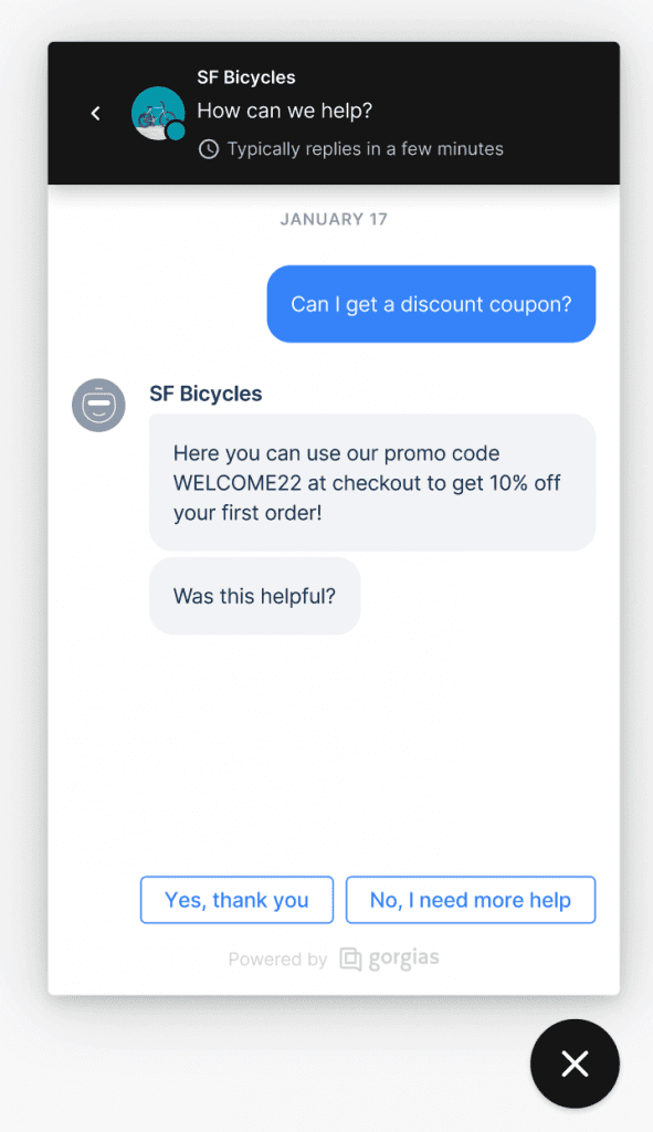 Gorgias chat widget in which a bike shop answers a customer with a 10% discount code