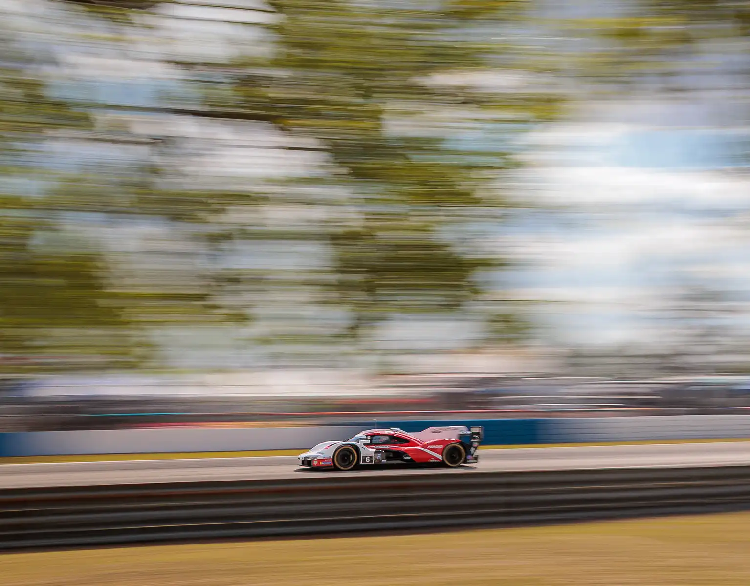 A red Porsche racing car speeds down a track, against a blue sky and trees, with a motion blurred background.